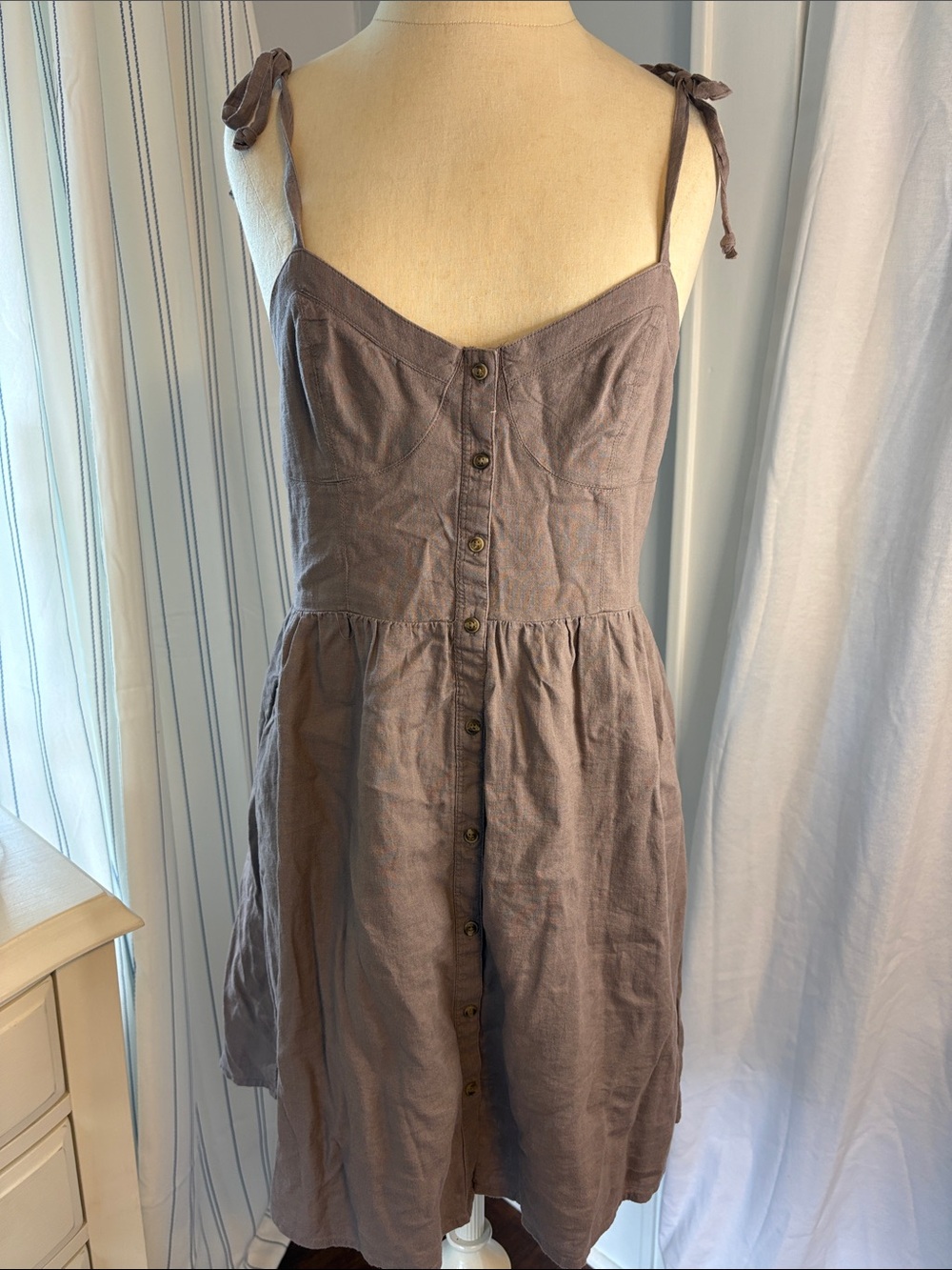 aerie Button-Front Tie-Shoulder Midi Dress in Mauve